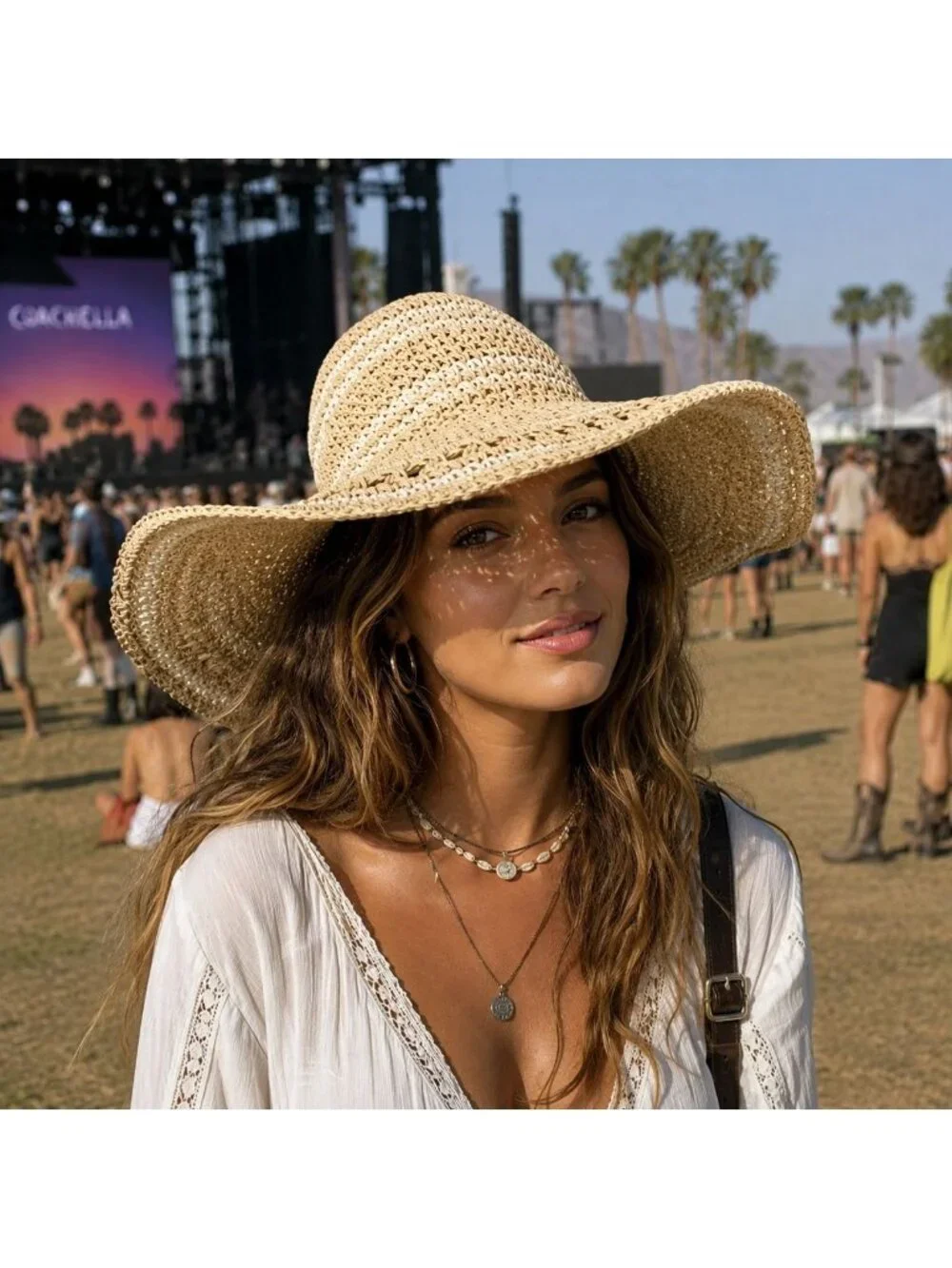 Summer Festival Sun Hat Open Weave Floppy Wide Brim Boho Beach Straw Travel